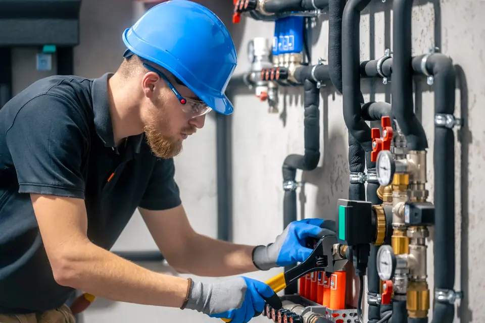 Plumber in a hard hat adjusting pipework and valves